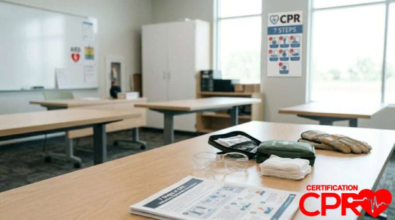 CPR training setup with manikins and instructional materials in Baltimore.