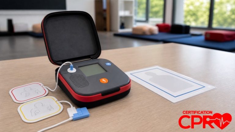 AED trainer and electrode pads for practicing voice prompts in a CPR classroom in Baltimore.