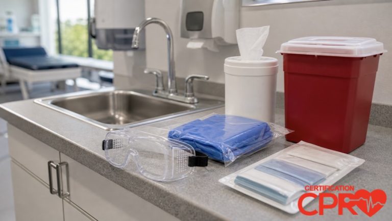 Bloodborne pathogens exposure control supplies for healthcare worker training in Baltimore.