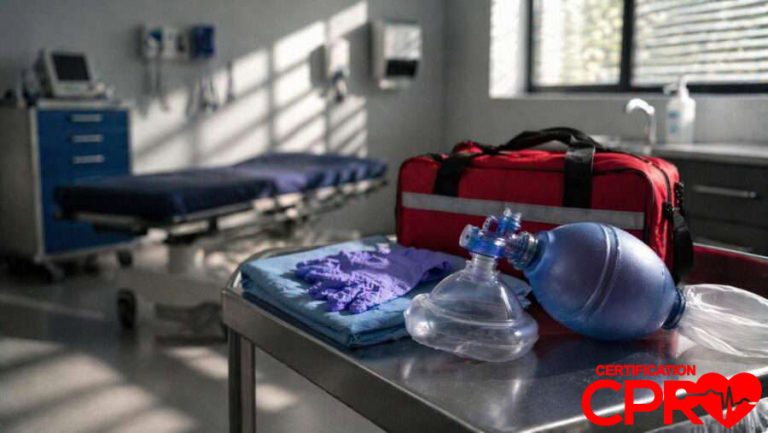 CPR training equipment in a medical classroom setting in Baltimore.