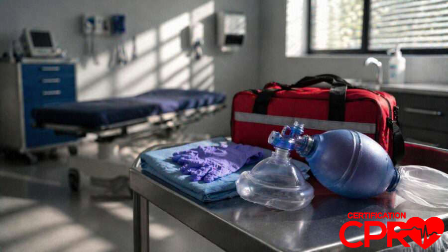 CPR training equipment in a medical classroom setting in Baltimore.
