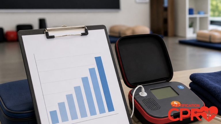 CPR statistics chart with AED trainer in a CPR classroom in Baltimore.
