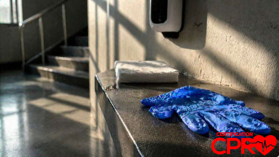 CPR training gloves and mask on a training station in Baltimore.