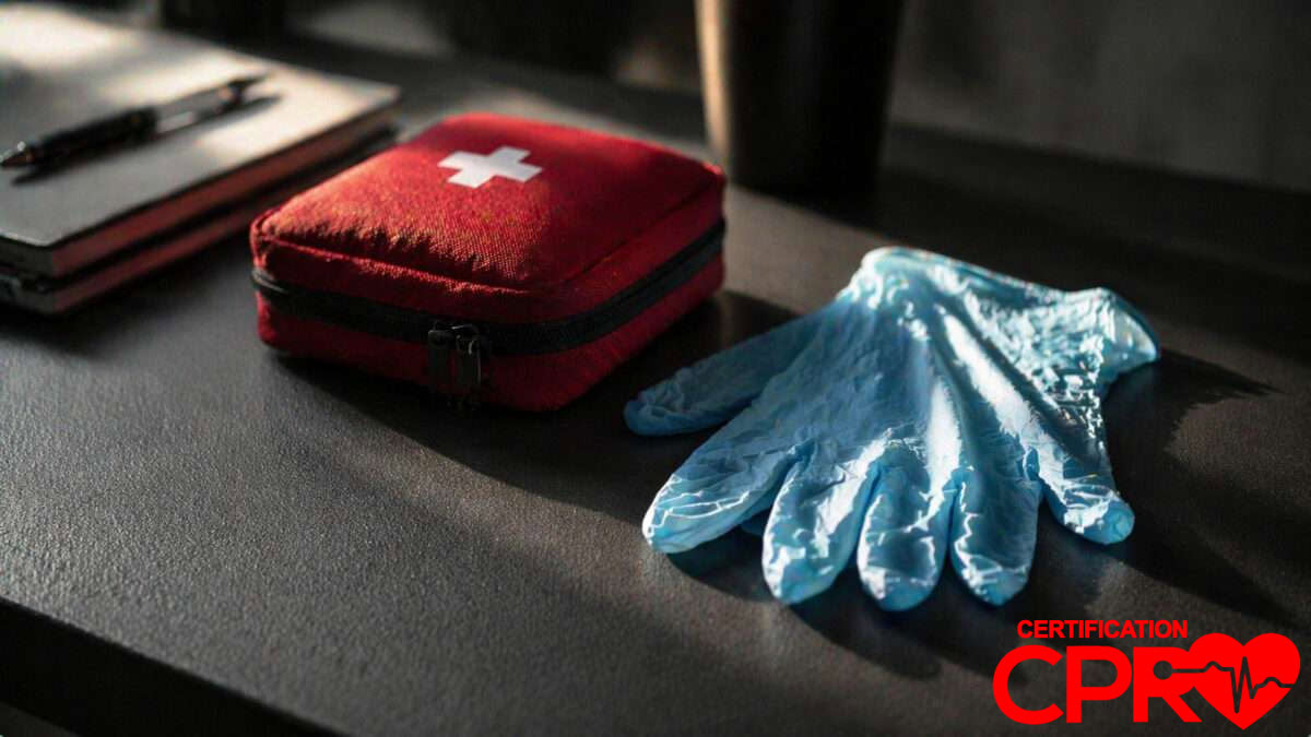 First aid kit and gloves for CPR certification and training in Baltimore.