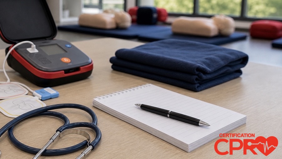 AED trainer, stethoscope, and CPR classroom supplies for an article on heart attack versus cardiac arrest in Baltimore.