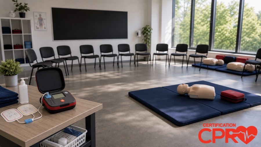 CPR classroom setup for practicing emergency response skills in Baltimore.