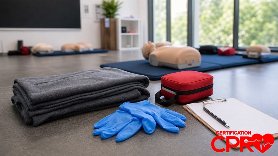 First aid training supplies for practicing seizure response in a CPR classroom in Baltimore.