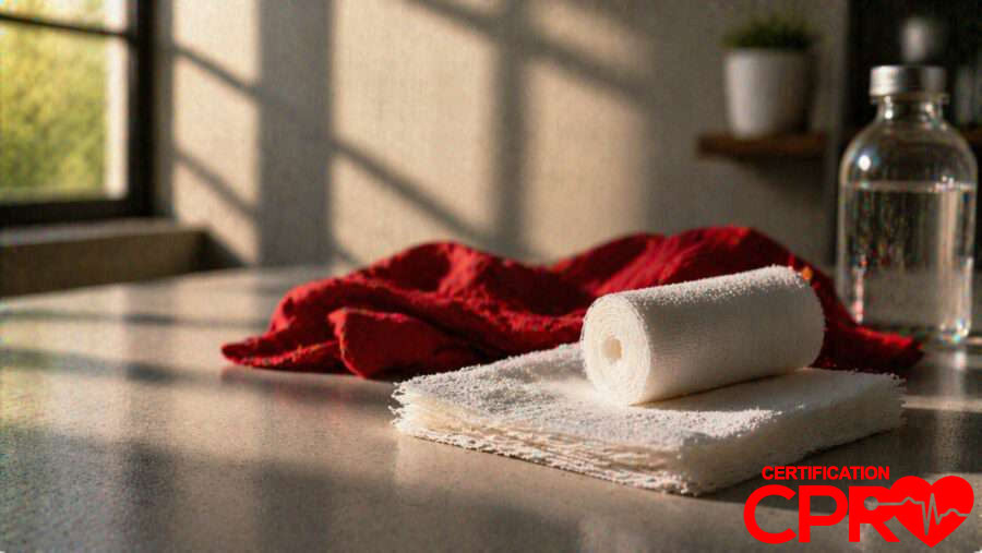 CPR certification training supplies in Baltimore, including a roll of gauze and first aid essentials.