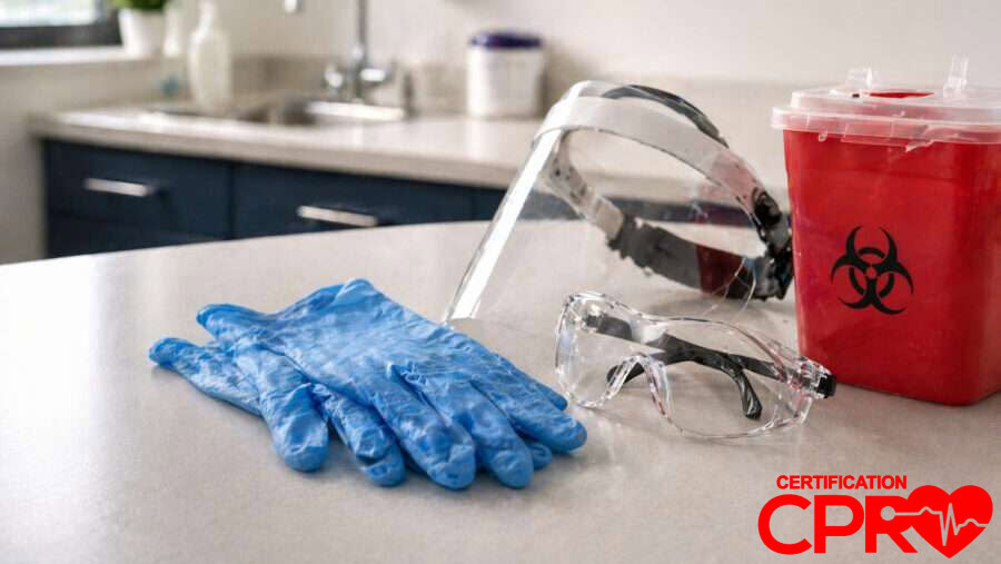 CPR training supplies including gloves, goggles, and biohazard container in Baltimore.